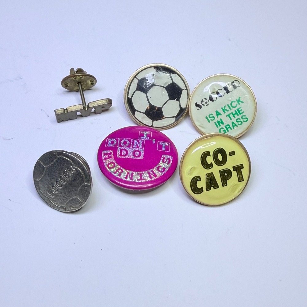 Vintage Soccer‎ Pin Lot 6pc Co-Capt Kick in the Grass I Don't Do Mornings Humor